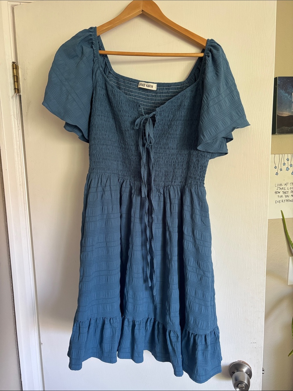 Grace Karin Blue Smocked Tie-Front Puff Sleeve Mini Dress